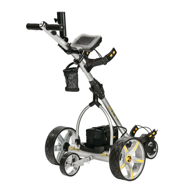 The wheels, handle, and battery of the Bat Caddy X3R